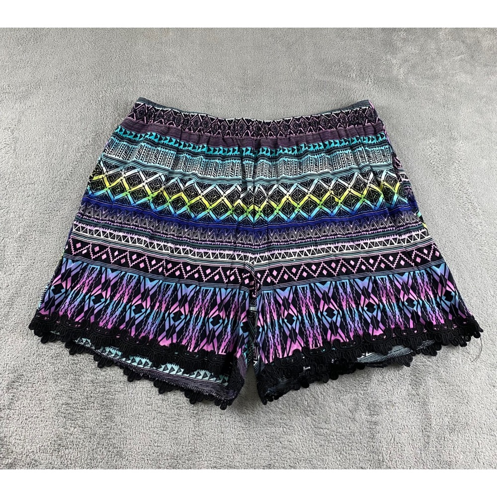 HOT KISS Womens 3X Shorts Boho Print Elastic Waist Black Lace Trim